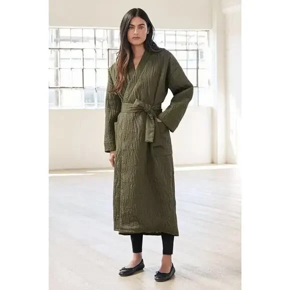 *Damaged* Calme Johnny Was Ava Quilted Wrap Belted Robe Coat Green Size XS *Flaw - Picture 3 of 16